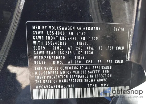 2016 Volkswagen Tiguan R-Line из США, поврежденный, VIN WVGAV7AX8GW073811